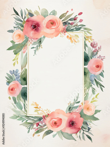 A blank wedding invitation adorned with a watercolor floral frame