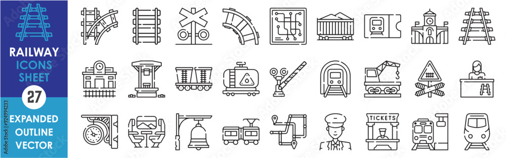 A set of line icons related to Railway. Rail, track, barrier, map, bell, ticket, transport, railway station, mine, subway, tunnel, and so on. Vector outline icons set. A set of line icons related to Railway. Rail, track, barrier, map, bell, ticket, transport, railway station, mine, subway, tunnel, and so on. Vector outline icons set.
