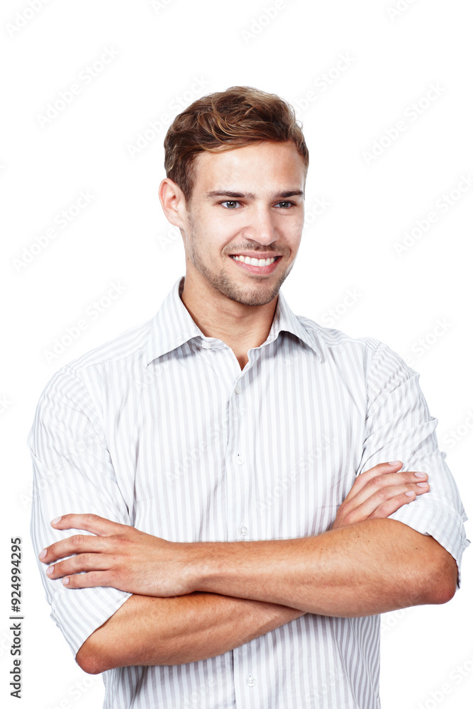 Business man, thinking and arms crossed with smile for solution, reflection or perspective insight. Happy, confidence or planning future with professional mindset or vision on white studio background Business man, thinking and arms crossed with smile for solution, reflection or perspective insight. Happy, confidence or planning future with professional mindset or vision on white studio background