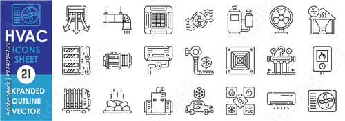 A set of line icons related to HVAC. Heating, Ventilation, Air Conditioning, cool, heat, temperature, balance, machines, refrigerator, compressor, fan, and so on. Vector outline icons set.
