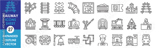A set of line icons related to Railway. Rail, track, barrier, map, bell, ticket, transport, railway station, mine, subway, tunnel, and so on. Vector outline icons set.