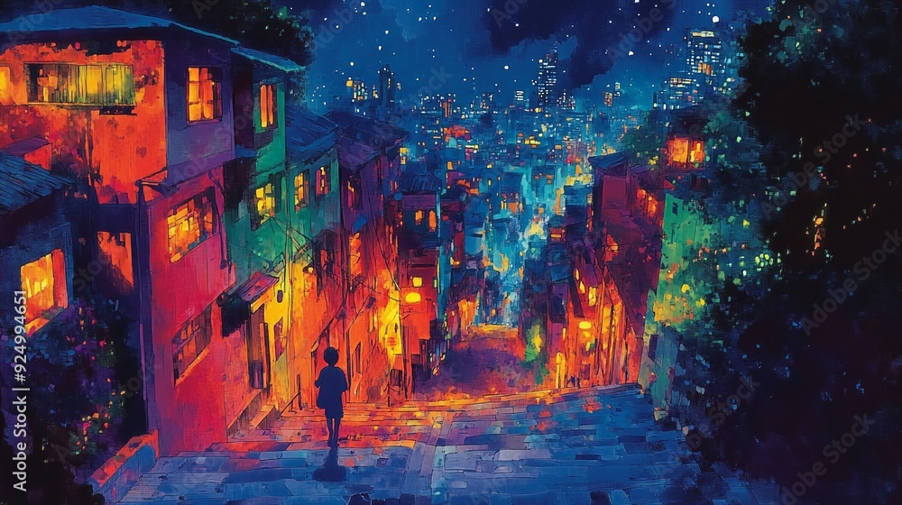 Obraz premium Fantasy Anime Postcard: Night View City in Watercolor, Colorful Illustration of Vibrant Urban Fantasy