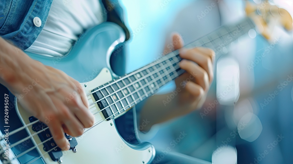 Obraz premium Musician Mastering Blue Guitar with White and Black Strings