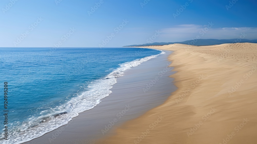 Serene Beach Scene with Waves, Skyline, and Distant Mountains Serene Beach Scene with Waves, Skyline, and Distant Mountains