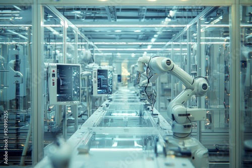 A futuristic factory floor where human workers and robots work side by side, utilizing AI-driven systems for precision manufacturing, real-time data analysis, and continuous process improvement, exemp