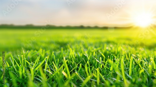 Sunny Day on Lush Green Lawn with Dew Drops