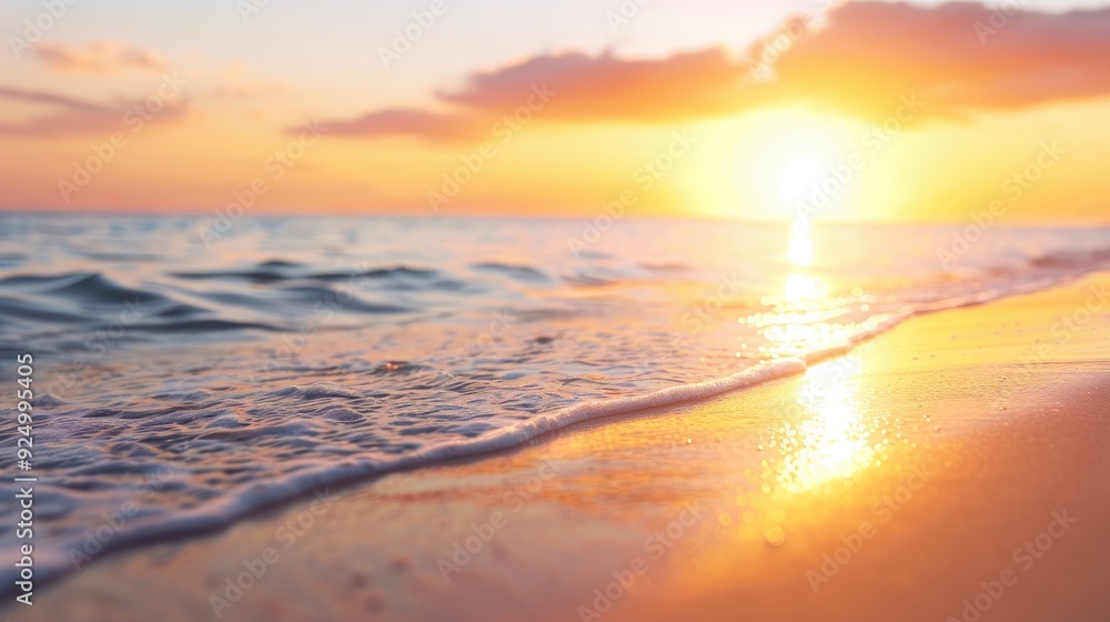 Serene Beach Scene with Wet Sand and Crashing Ocean Waves Serene Beach Scene with Wet Sand and Crashing Ocean Waves