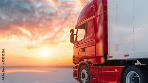 Red Penske Truck with Yellow Transit Logo, Parked at Sunset
