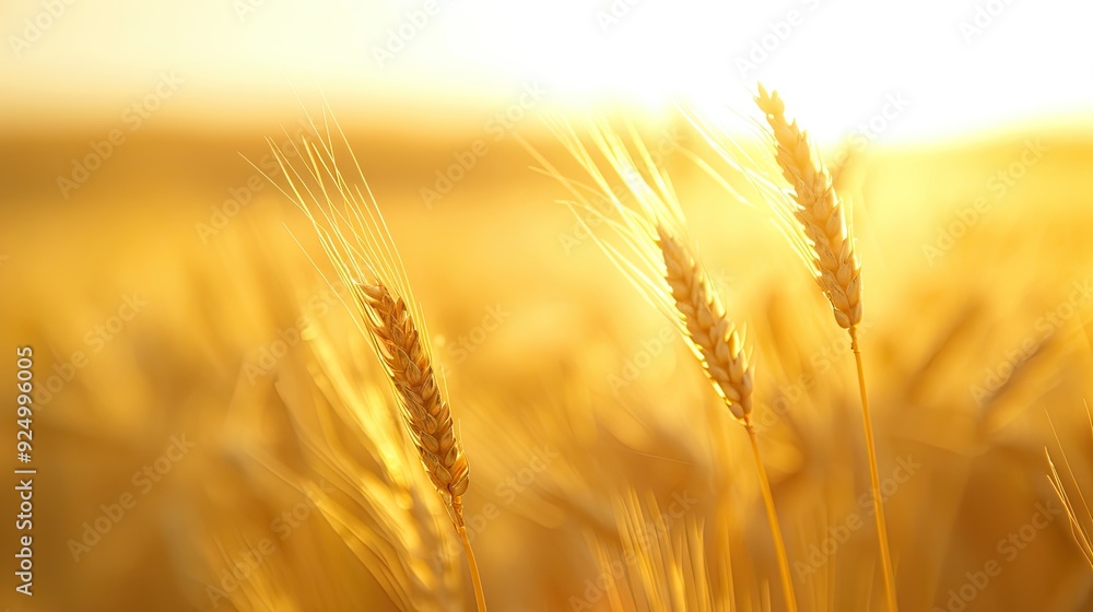Close-up View of Three Golden Wheat Stalks Amidst a Blurred Grassy Field Close-up View of Three Golden Wheat Stalks Amidst a Blurred Grassy Field