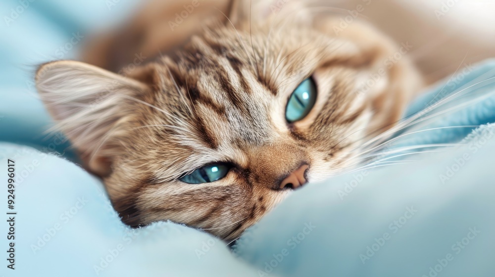 Relaxed Tabby Cat with Striking Green Eyes on Blue Pillow Relaxed Tabby Cat with Striking Green Eyes on Blue Pillow