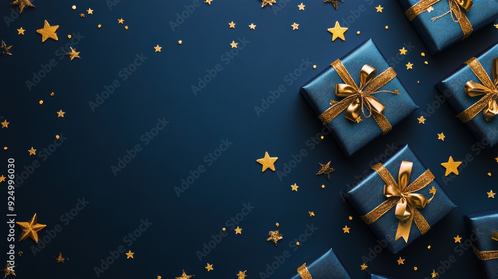 Fototapeta premium Christmas background with blue gift boxes and golden stars on dark blue, flat lay top view
