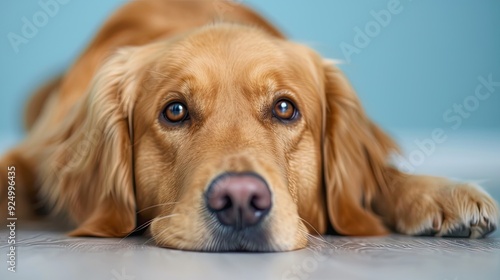 Golden Retriever Puppy Relaxing on White Surface with Blue Background