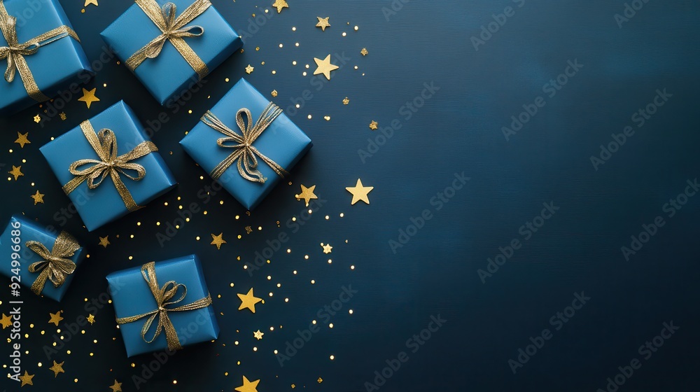 Christmas background with blue gift boxes and golden stars on dark blue, flat lay top view Christmas background with blue gift boxes and golden stars on dark blue, flat lay top view