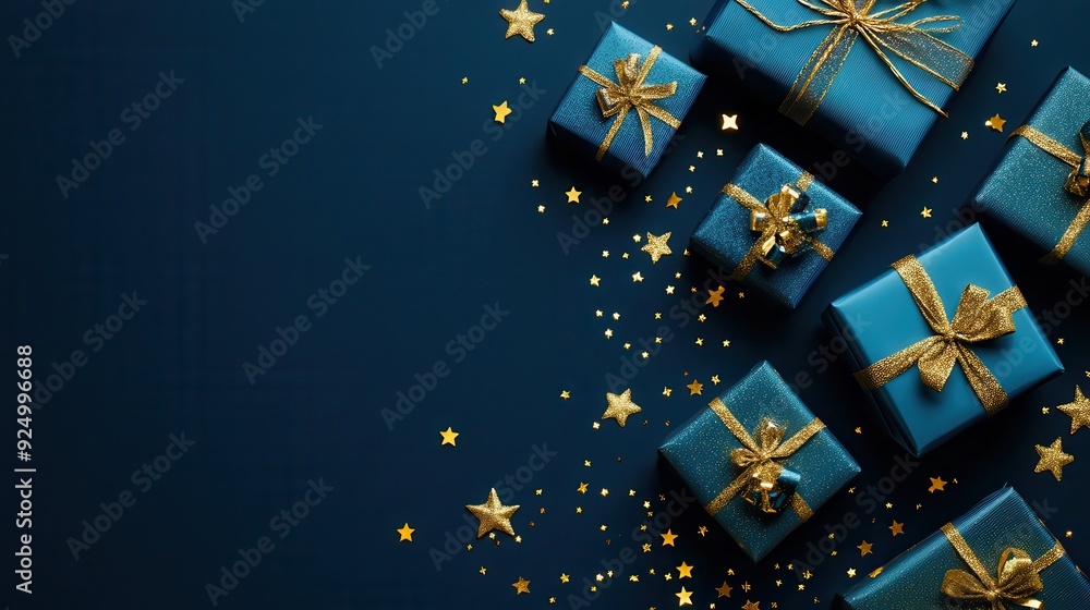 Christmas background with blue gift boxes and golden stars on dark blue, flat lay top view Christmas background with blue gift boxes and golden stars on dark blue, flat lay top view