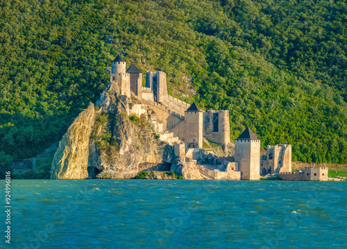 Ruins of the Golubac Fortress, Serbia. Strategically located on the embankment of the Danube River where it narrows to form the Iron Gate gorge photo