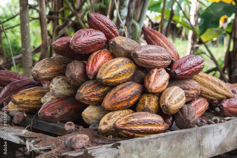 Fresh cacao pods harvested and drying on wooden table, ready for the next stage of chocolate production Fresh cacao pods harvested and drying on wooden table, ready for the next stage of chocolate production