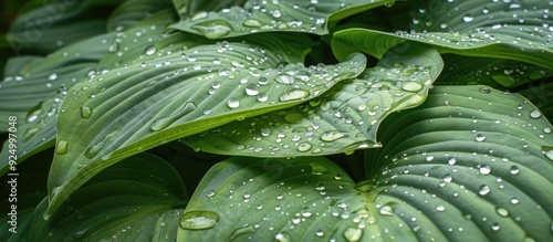 Close up photography of raindrops on a large green Hosta plantaginea leaf in a park setting during the morning with a seasonal environmental backdrop creating a serene copy space image photo