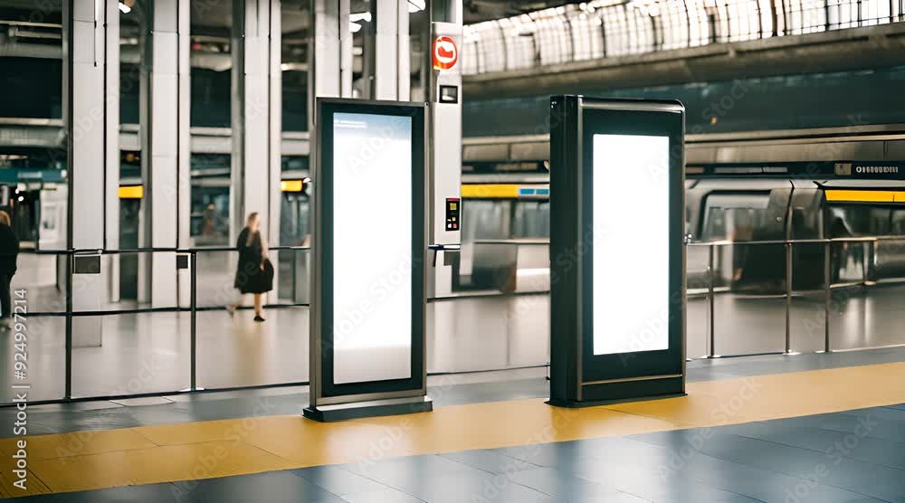 Modern Train Station Interior with Digital Advertising Display Panels. Modern Train Station Interior with Digital Advertising Display Panels.