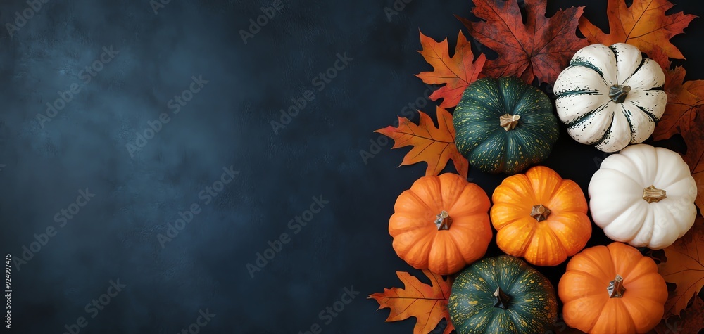 A vibrant arrangement of pumpkins and autumn leaves against a dark background, perfect for seasonal decorations and harvest themes. A vibrant arrangement of pumpkins and autumn leaves against a dark background, perfect for seasonal decorations and harvest themes.