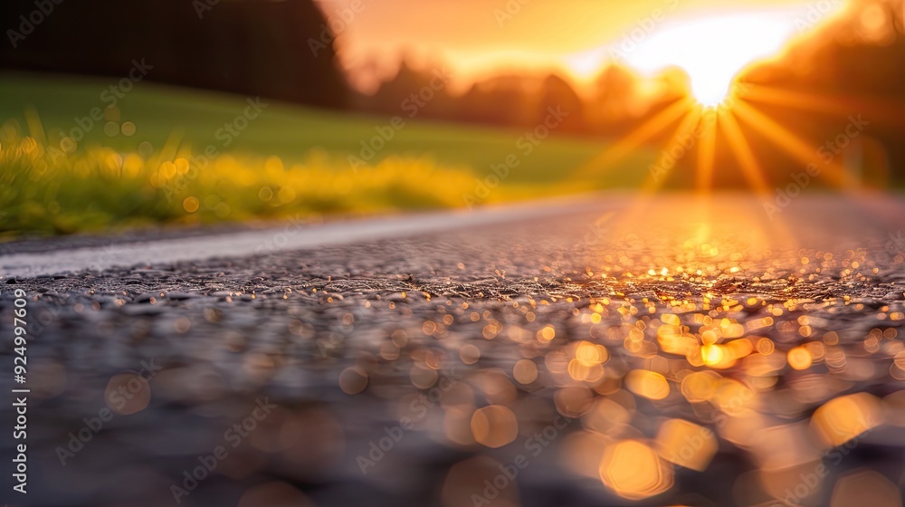 Fototapeta premium Serene Sunset Over Paved Road in Tranquil Natural Surroundings