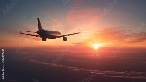 Airplane Soaring Through Stunning Sunset Skies and Cloudy Ocean Horizon