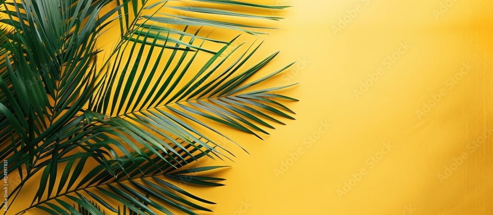 Fototapeta premium Bright yellow background with palm tree branches offering copy space image simplifying the concept