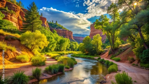 Saturated summer hues illuminating idyllic Sand Canyon Trail's verdant forests and meandering streams in dappled morning light.