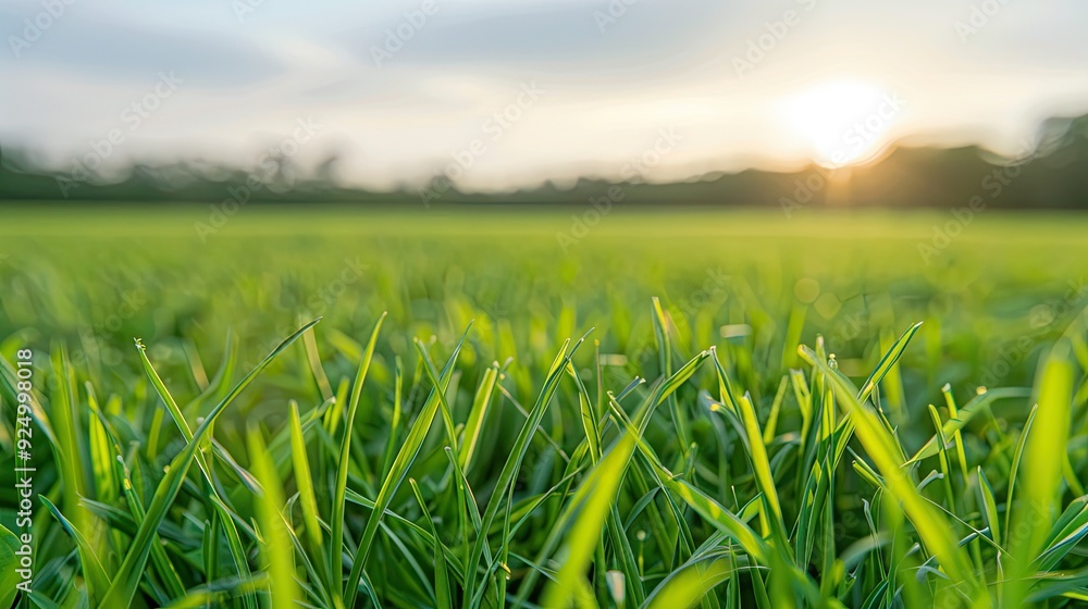 Fototapeta premium Close-Up of Wet Green Grass Blades Against Blue Sky