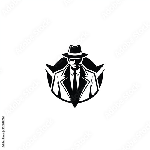 Simple Clean Detective Theme logo silhouette of man wear hat and coat