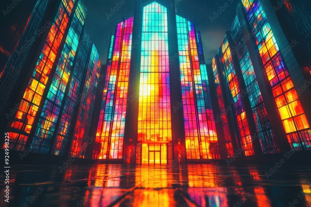 Obraz premium Illuminated Cityscape with Vibrant Stained Glass Windows