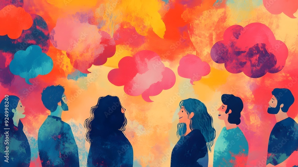 A vibrant vector illustration of people standing around an abstract brain, with colorful speech bubbles filled with different ideas A vibrant vector illustration of people standing around an abstract brain, with colorful speech bubbles filled with different ideas