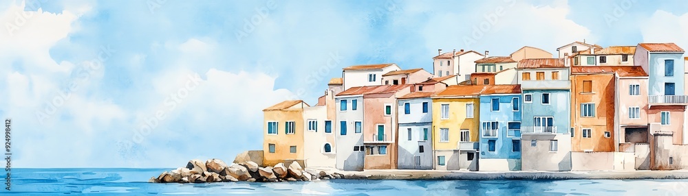 A vibrant coastal town with colorful buildings beside a serene sea, evoking a peaceful and tranquil atmosphere. A vibrant coastal town with colorful buildings beside a serene sea, evoking a peaceful and tranquil atmosphere.
