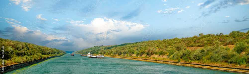 Panoramic view of the Danube–Black Sea Canal between Cernavodă on the Danube river and Constanța and Năvodari on the Black Sea Panoramic view of the Danube–Black Sea Canal between Cernavodă on the Danube river and Constanța and Năvodari on the Black Sea
