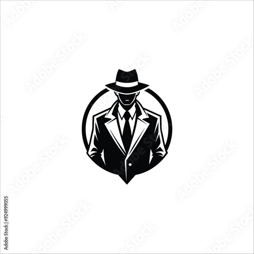 Simple Clean Detective Theme logo silhouette of man wear hat and coat