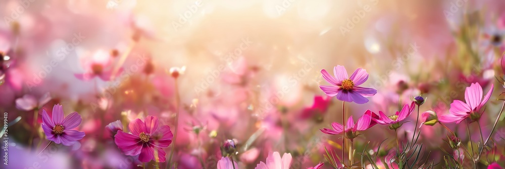 Pink cosmos flowers in full bloom under the warm glow of sunlight, highlighting the delicate petals and lush greenery, evoking serenity and joy. Pink cosmos flowers in full bloom under the warm glow of sunlight, highlighting the delicate petals and lush greenery, evoking serenity and joy.