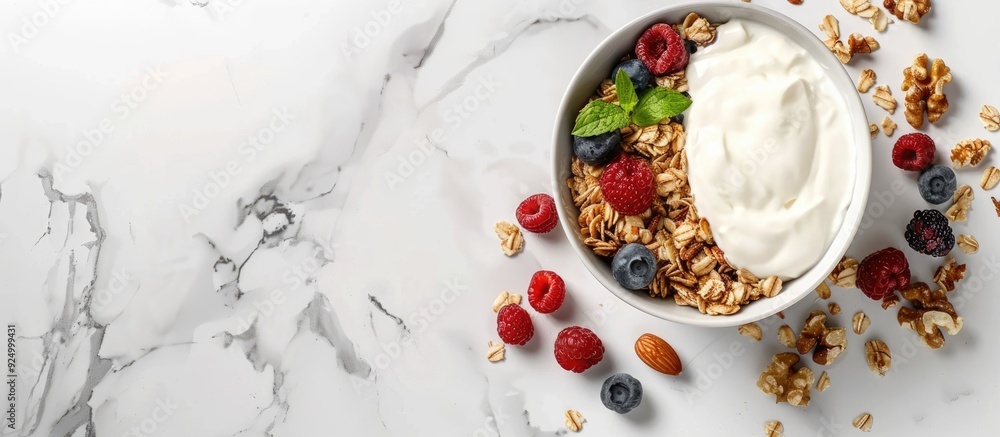 Delicious granola with various fruits nuts and yogurt on a white marble surface Creative banner layout with room for text next to a visually appealing copy space image Delicious granola with various fruits nuts and yogurt on a white marble surface Creative banner layout with room for text next to a visually appealing copy space image