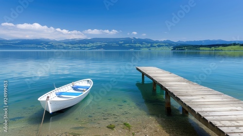 Serene Lake Scene with White Motorboat and Mountain Backdrop