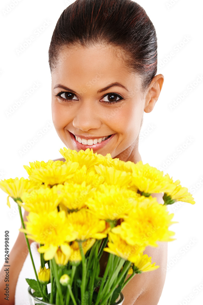 Happy woman, portrait and bouquet in studio for skincare, natural and eco friendly product on white background. Female person, sustainable makeup and treatment for cosmetics, flowers and aesthetic Happy woman, portrait and bouquet in studio for skincare, natural and eco friendly product on white background. Female person, sustainable makeup and treatment for cosmetics, flowers and aesthetic