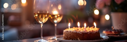 A delightful scene depicting a birthday celebration with a cake adorned with lit candles and two glasses of white wine, evoking warmth and festivity.