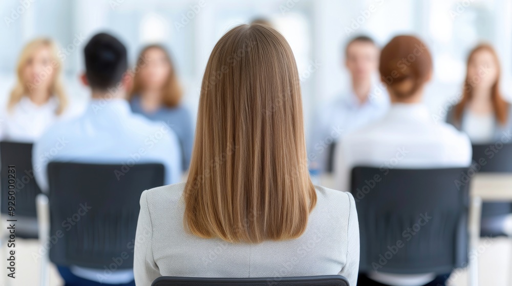 Office Meeting Scene with Focus on Woman Seated at Table Office Meeting Scene with Focus on Woman Seated at Table