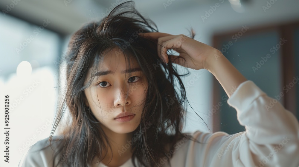 Fototapeta premium Damaged hair, frustrated asian young woman, girl holding hand split ends, dirty uncombed dry hair with upset face, long disheveled hair, health and beauty care.