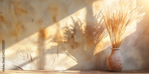 A rustic vase filled with dry pampas grass stands in warm sunlight, creating a cozy and inviting atmosphere within the room. photo