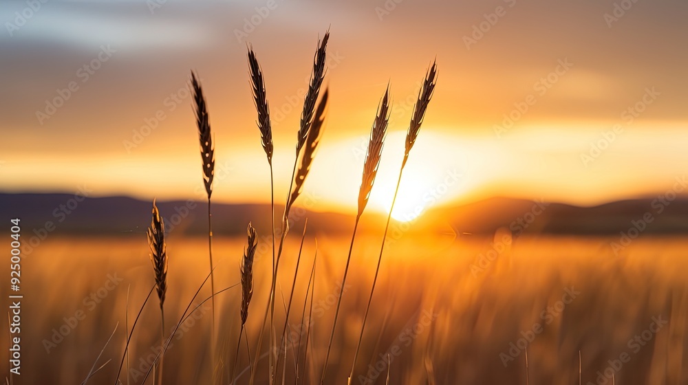 Tranquil Evening with Sunset Over Field of Grass Tranquil Evening with Sunset Over Field of Grass