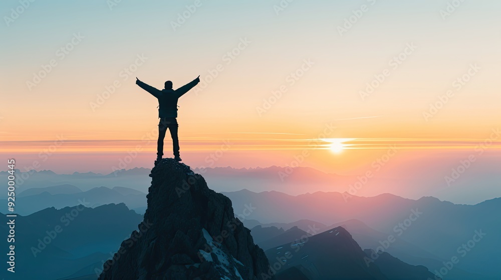 Triumphant Figure Above Mountain Peak at Sunrise/Sunset Triumphant Figure Above Mountain Peak at Sunrise/Sunset