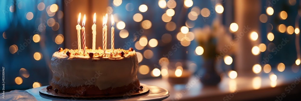A birthday cake with lit candles in the foreground against a backdrop of bokeh lights, creating a festive and warm atmosphere.