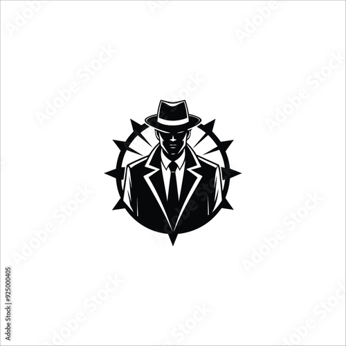 Simple Clean Detective Theme logo silhouette of man wear hat and coat