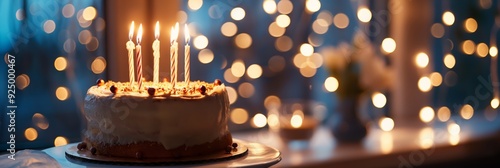 Obraz na płótnie A birthday cake with lit candles in the foreground against a backdrop of bokeh lights, creating a festive and warm atmosphere. w salonie