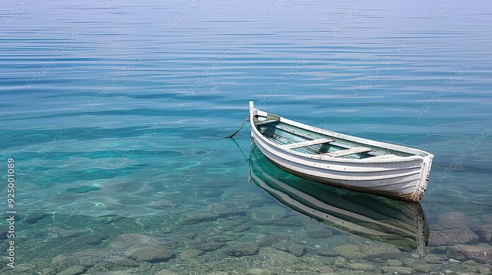 Naklejka premium Small White Boat with Blue Stripe Floating on Calm Waters