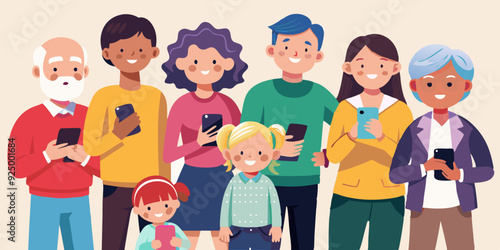 Aged people. Seniors together, with grandchildren and children, an elderly man and woman use phones and communicate. Grandparents in full growth
