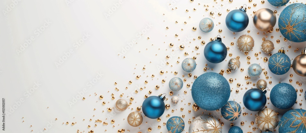 © Ilgun - Elegant display featuring blue and gold Christmas balls on a white backdrop in a flat lay top view with copy space image